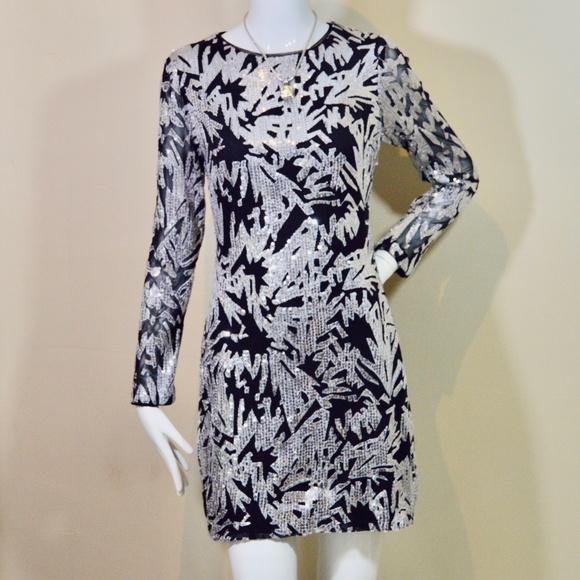 🆕🏷️  Aqua Black & Silver Sequin Long Sleeve Mini Dress – Bloomingdale’s - Picture 8 of 16